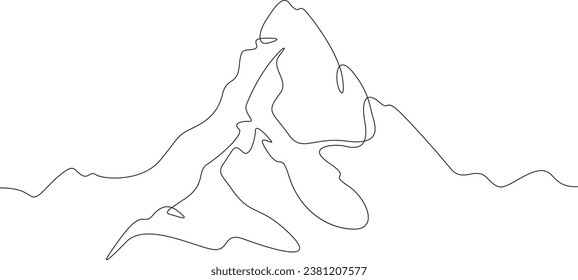 The top of the mountain range. Beautiful mountain landscape. High mountain peak. One continuous line drawing. Linear. Hand drawn, white background.