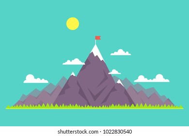 Top of the mountain with red flag. Business success concept. Vector illustration.