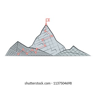 Top of the mountain with red flag. Business success concept. Vector illustration.