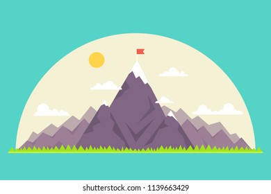 Top of the mountain with red flag. Business success concept. Vector illustration.