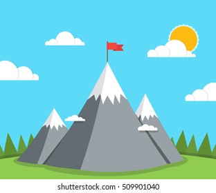 Top of the mountain with red flag. Business success concept. Flat vector illustration.
