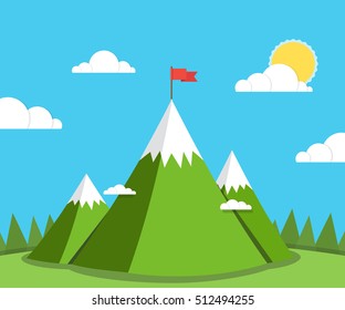 Top of the mountain with red flag. Business success concept. Flat vector illustration.