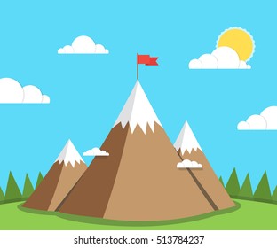 Top of the mountain with red flag. Business success concept. Flat vector illustration.