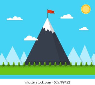 Top of the mountain with red flag. Business success concept. Flat vector illustration.