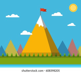 Top of the mountain with red flag. Business success concept. Flat vector illustration.