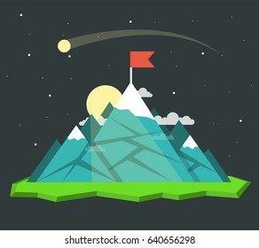 Top of the mountain with red flag. Business success concept. Flat vector illustration.