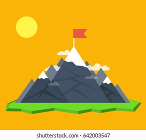 Top of the mountain with red flag. Business success concept. Flat vector illustration.