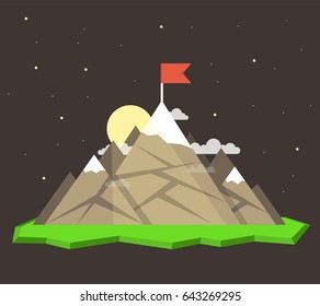 Top of the mountain with red flag. Business success concept. Flat vector illustration.