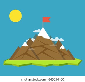 Top of the mountain with red flag. Business success concept. Flat vector illustration.