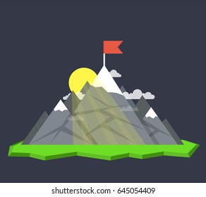 Top of the mountain with red flag. Business success concept. Flat vector illustration.