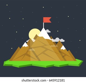 Top of the mountain with red flag. Business success concept. Flat vector illustration.