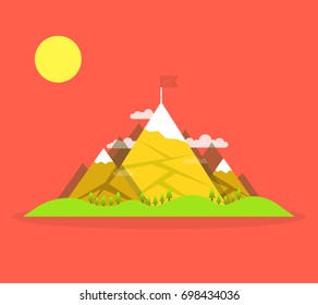 Top of the mountain with red flag. Business success concept. Flat vector illustration.