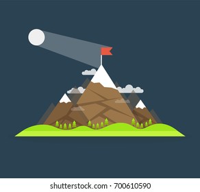 Top of the mountain with red flag. Business success concept. Flat vector illustration.