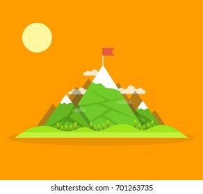 Top of the mountain with red flag. Business success concept. Flat vector illustration.