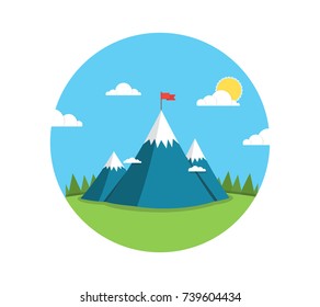 Top of the mountain with red flag. Business success concept. Flat vector illustration.