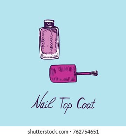 Top Nail Coat, hand drawn doodle sketch with inscription, isolated vector color illustration