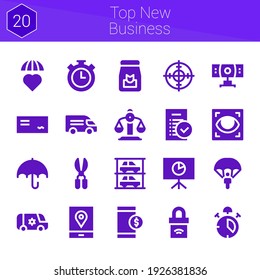 top new business icon set. 20 filled icons on theme top new business. collection of Van, Parkings, Tasks, Parachute, Stopwatch, Webcam, Gps, Analytics, Emotions, Padlock