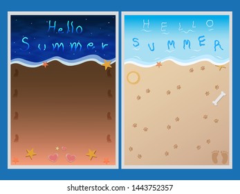 Top night and day view. lover footprint and pet on beach and stone hearted, bone,flying disc. Vector illustration. 