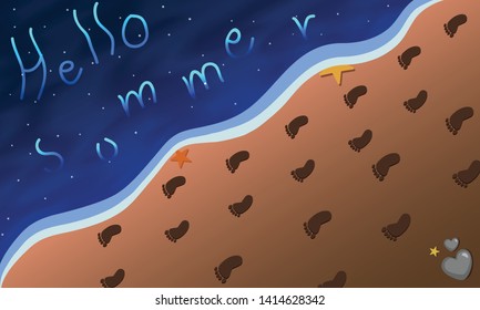 Top night view. lover footprint on beach and stone hearted. Vector illustration.