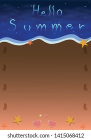 Top night view. lover footprint on beach and stone hearted. Vector illustration.