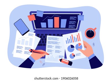 Top of office workplace, hands of accountant analyzing and studying financial reports on documents, laptop screen. Vector illustration for accounting, audit, stock market trading, technology concept