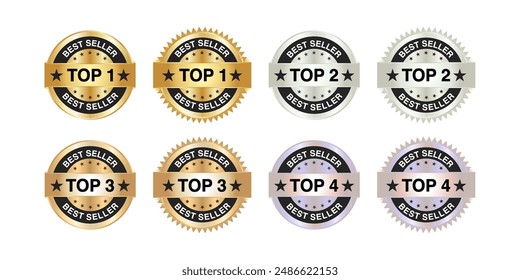 Top One, Second, Third, and Fourth. One Best Seller Vector Label in Gold, Silver, Bronze and Platinum Colours. Suitable for Icon, Logo, Sticker, Seal, Badge, Emblem, Stamp, and More. Vector.