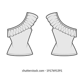 Top one-shoulder technical fashion illustration with ruffles, fitted body, stretch cotton. Flat apparel shirt template front, back, grey color. Women, men unisex CAD mockup
