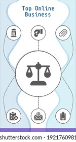 top online business editable infographic template with icons of Coin, Email, Attachment, Clipboard, Hospital, Telephone booth, Balance