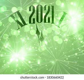 Top part of clocks showing 2021 year. Green background with shiny sparkles and fireworks. Vector holiday illustration.