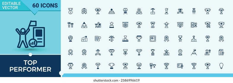 Top Performer collection. Icons win, element, certificate, achieve, money, reward, ribbon and more. Simple line vector. Editable vector icon and illustration.