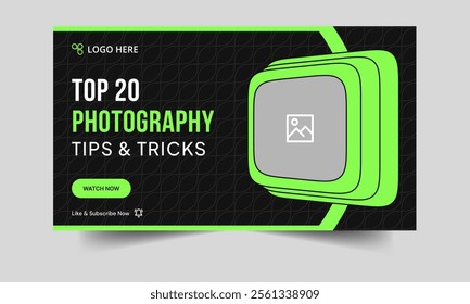 Top photography tips and tricks video thumbnail banner design, daily photography techniques video cover banner design, fully customizable vector eps 10 file format