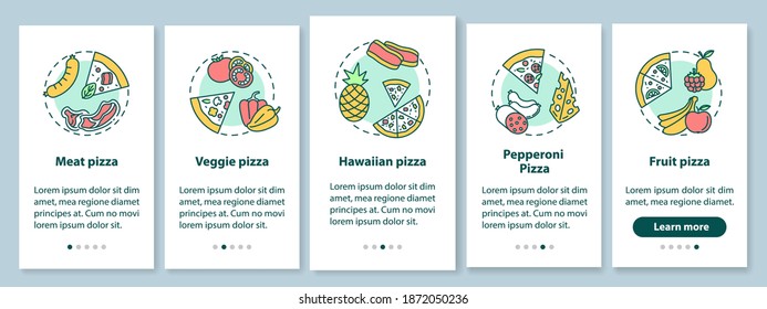 Top pizza types onboarding mobile app page screen with concepts. Different ingredients meal. Pizzeria menu walkthrough 5 steps graphic instructions. UI vector template with RGB color illustrations