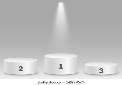 Top places. Isolated 3D empty white podium on gray background. Glowing projector. Vector illustration. EPS 10