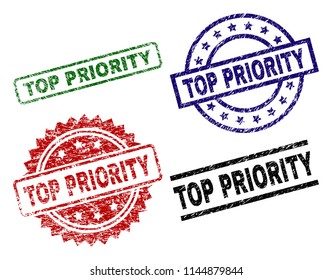 TOP PRIORITY seal prints with distress style. Black, green,red,blue vector rubber prints of TOP PRIORITY label with corroded style. Rubber seals with round, rectangle, medal shapes.