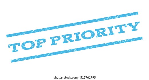 Top Priority watermark stamp. Text tag between parallel lines with grunge design style. Rubber seal stamp with scratched texture. Vector light blue color ink imprint on a white background.