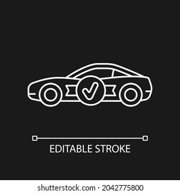 Top quality car white linear icon for dark theme. Well-engineered sports auto model. Thin line customizable illustration. Isolated vector contour symbol for night mode. Editable stroke