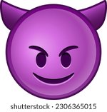Top quality emoticon. Evil devil emoji. Happy purple emoticon with devil horns. Face emoji. Popular element.WhatsApp. iOS. Emoji from Telegram app. Facebook. Twitter. Instagram