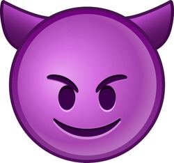 Top Quality Emoticon. Evil Devil Emoji. Happy Purple Emoticon With Devil Horns. Face Emoji. Popular Element.WhatsApp. IOS. Emoji From Telegram App. Facebook. Twitter. Instagram