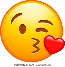 Top quality emoticon. Kiss emoji. Love emoticon with lips blowing a kiss, winking yellow face with red. Yellow face emoji. Popular element. WhatsApp. iOS. Emoji from Telegram app. twitter svg