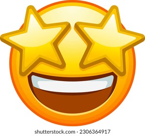 Top quality emoticon. Starry eyed emoji. Excited emoticon face with yellow star shaped eyes and happy wide opened mouth. Yellow face emoji. Popular element.
