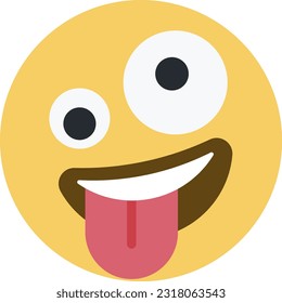 Top quality emoticon. Zany emoji. Goofy emoticon with crazy eyes and tongue out. Yellow face emoji. Popular element.