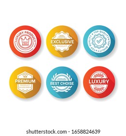 Top quality flat design long shadow glyph icons set. Premium products. Brand advertising, exclusiveness assurance. Best choice elegant badges silhouette RGB color illustration
