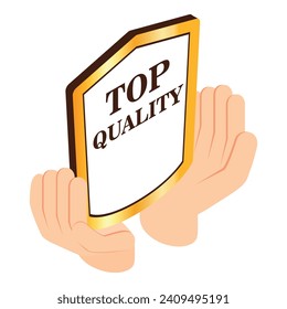 Top quality icon isometric vector. Golden top quality sign in human hand icon. Choice concept