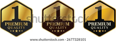 Top Quality Label No. 1, pentagon with vector label silhouette of number 1 in gold, bronze, and silver. Suitable for icons, logos, stickers, seals, badges, emblems, stamps, etc.