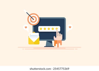 Top quality, Top rated, Customer sharing rating and review online, Product and service rating, Hand click - vector illustration background with icons