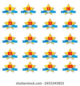 Top ranking stars set. Numbers on ribbon banners. Vector achievement icons.
