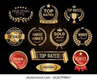 Top rated and award winner gold and red badge and emblem collection stock illustration 
