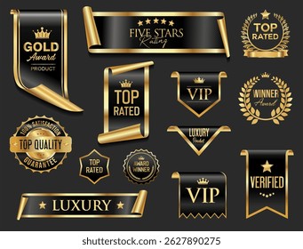 Top rated and award winner gold and red badge and emblem collection stock illustration