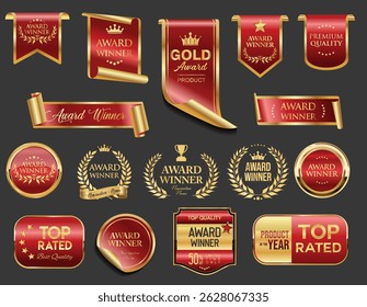 Top rated and award winner gold and red badge and emblem collection stock illustration 