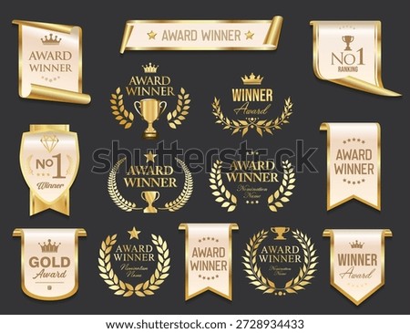 Top rated award winner and premium quality golden badge and emblem collection stock illustration 